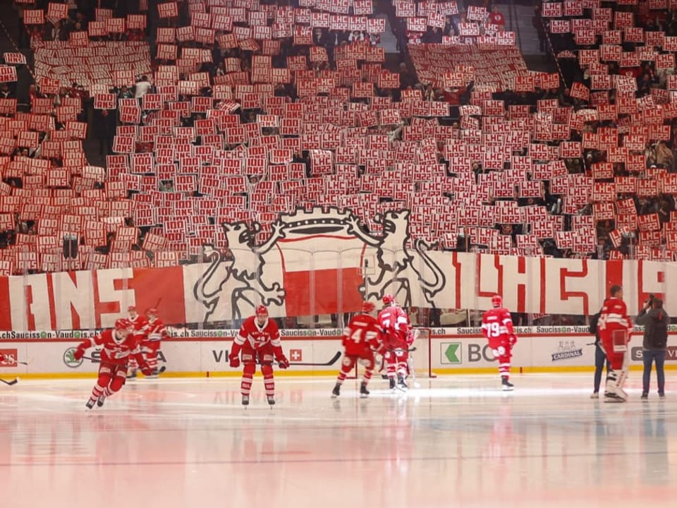 Fans auf den Rängen feiern ihre Mannschaft auf dem Eis.