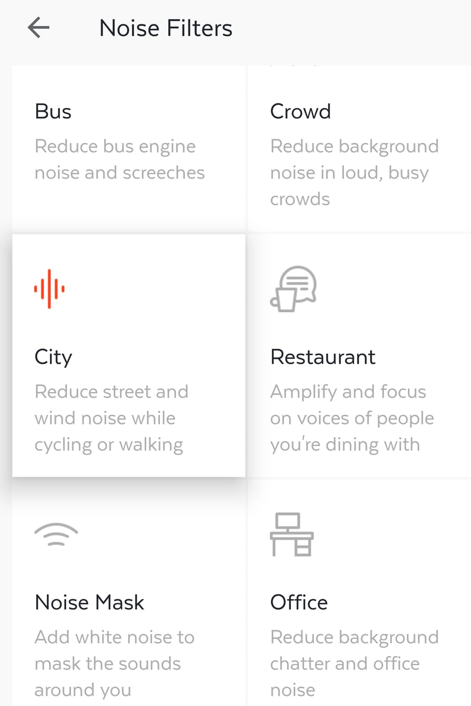 Der Screenshot zeigt verschiedene Lärmfilter der Here One-App - unter anderem "City".