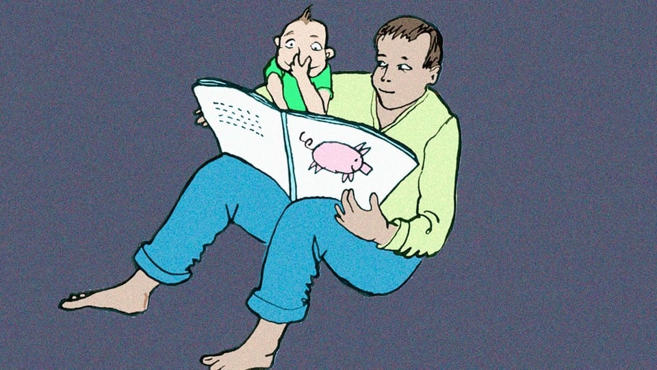 Illustration: Vater liest seinem Kind aus einem Buch vor