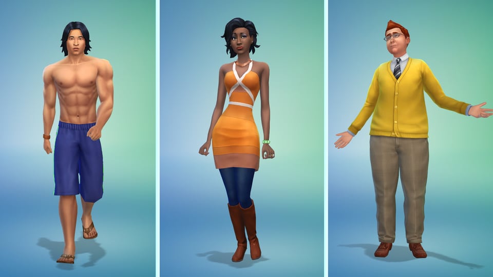 Drei Sims-Figuren stehen nebeneinander.