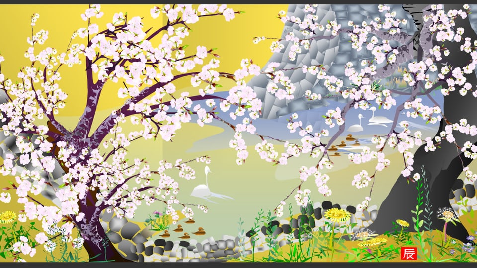Zeichnung einer Landschaft mit Kirschblüten; der Stil erinnert an japanische Holzschnitte.