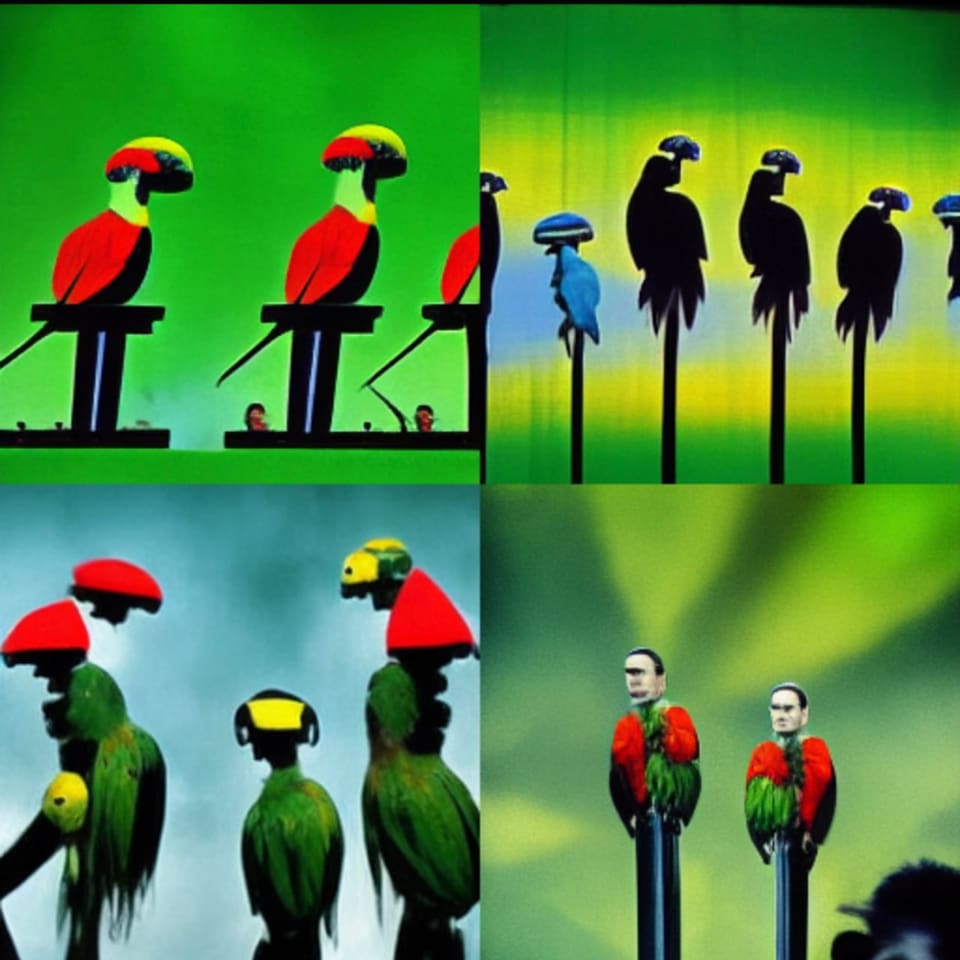 Vier quadratische Bilder, grüner Hintergrund. Papageien verschmelzen mit Männerkörpern und sitzen auf schwarzer Stange.