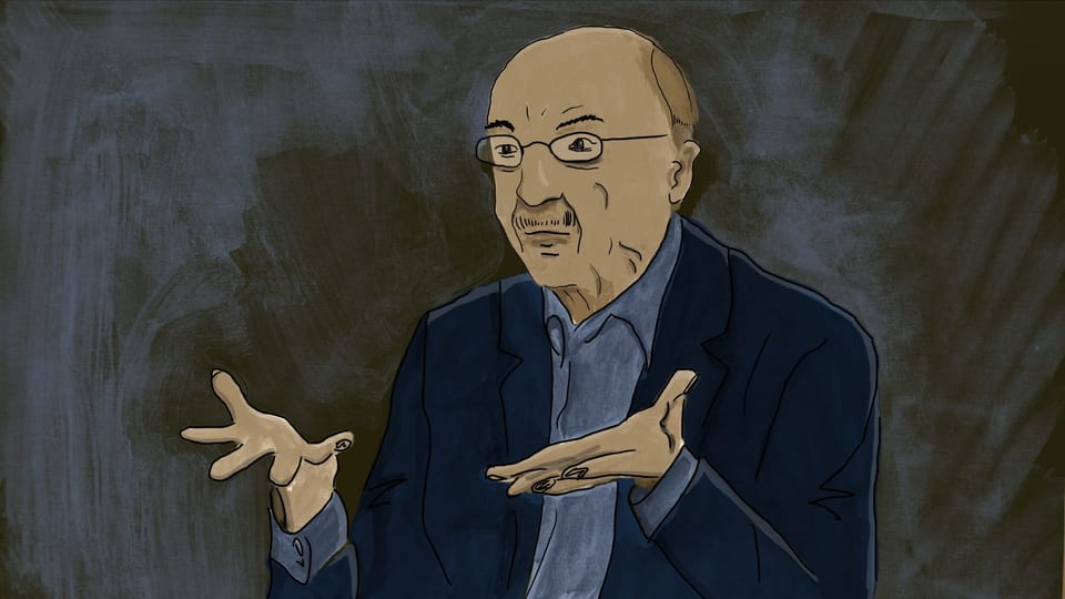 Illustration eines älteren Mannes mit Brille, der seine Hände fragend vor sich hält.