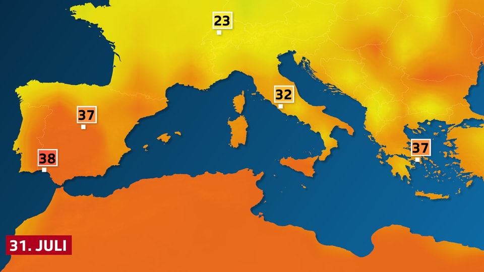 Höchsttemperaturen, Spanien und Mittelmeerraum am Sonntag.