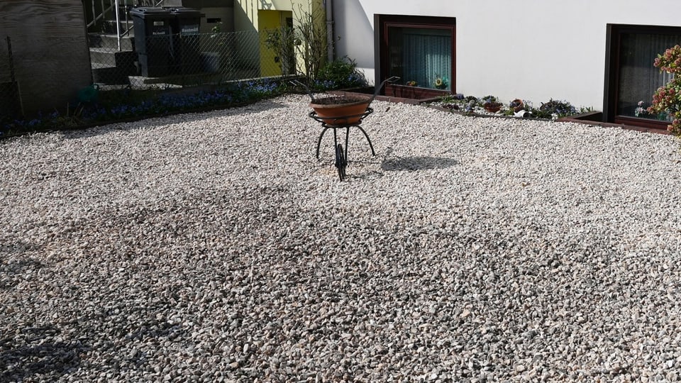 Gartenfläche aus Kieselsteinen, darauf steht ein Grill, im Hintergrund Hauswand