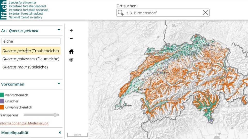 Screenshot einer interaktiven Karte zur potenziellen Verbreitung von Bäumen.