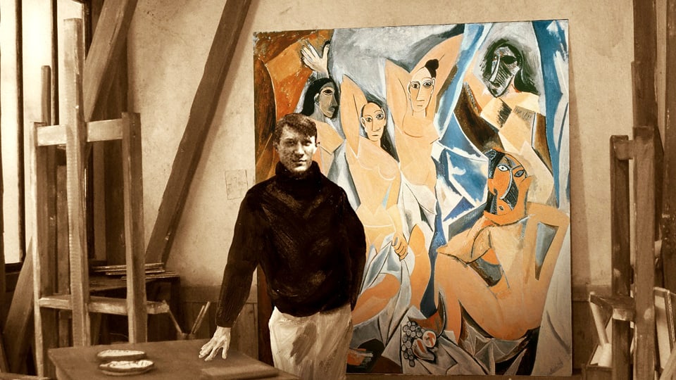 Ein Bild von Picasso, montiert in ein Bild seines Ateliers, dahinter in Farbe Picassos Gemälde «Les Demoiselles d'Avignon».