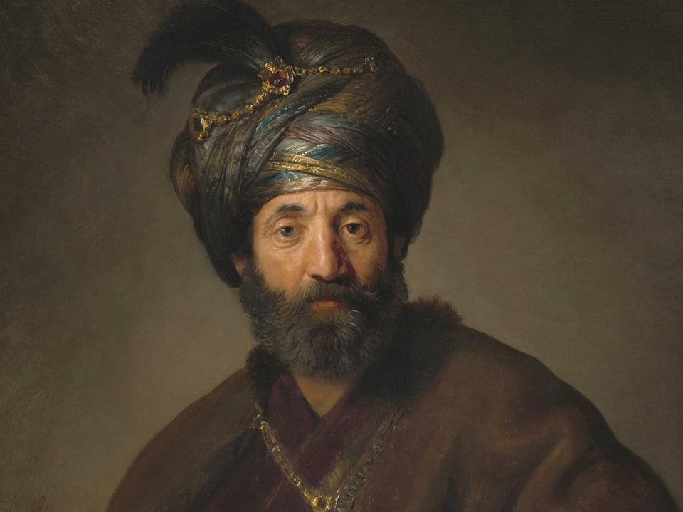 Oberer Teil des Bildes "Mann in orientalischem Kostüm" von Rembrandt