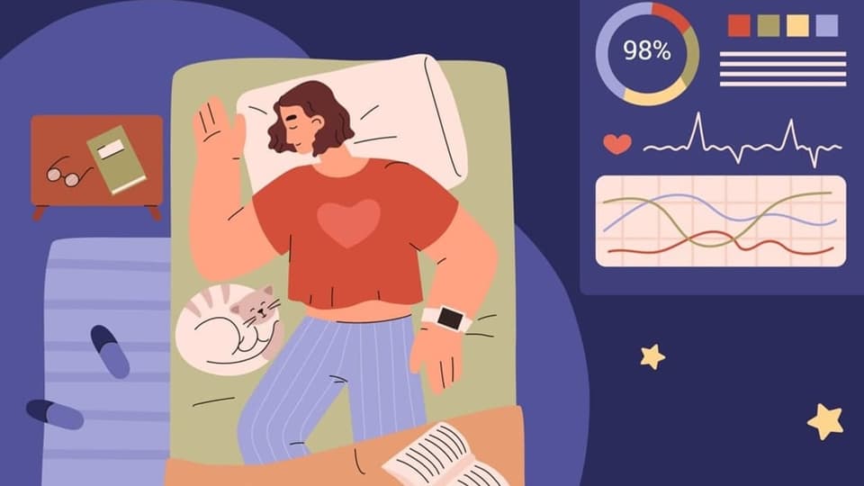 Illustration: Eine Person liegt im Bett, daneben eine Katze, ein Buch und Brille. Rechts: Anzeigen von Schlaf-App.