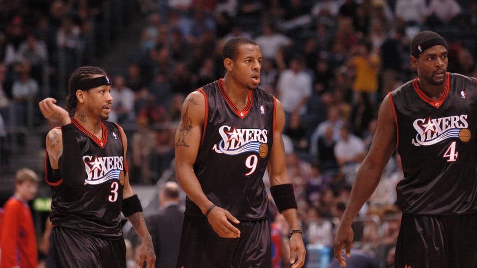 Philadelphia 76ers trio of Allen Iverson, Andre Iguodala and Chris Webber 