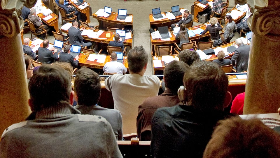 Blick über die Köpfe von Zuschauern in den Nationalratssaal.