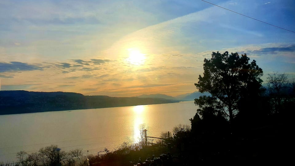 Die Sonne geht über dem Zürichsee auf.