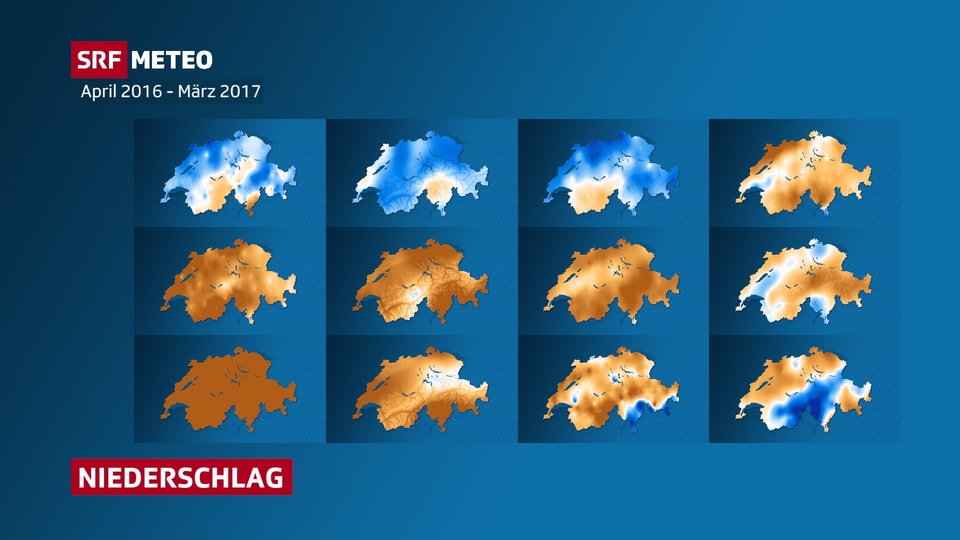 Schweizer Karten mit der Niederschlagsabweichung zur Norm pro Monat.