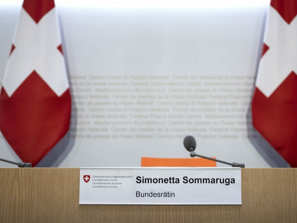 Rednerpult mit Namensschild von Bundesrätin Simonetta Sommaruga.