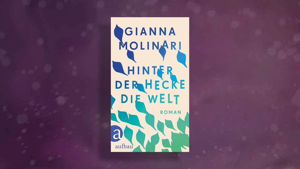 Book cover with falling leaves backgrounded in a color gradient. Blue at the top, turquoise in the middle, green at the bottom.