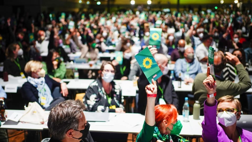 Delegierte auf dem Parteitag der deutschen Grünen halten Abstimmungskarten hoch