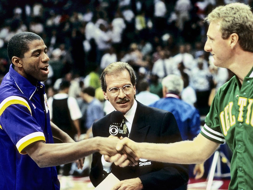 Johnson und Bird im Platz-Interview vor dem All-Star-Game 1990.