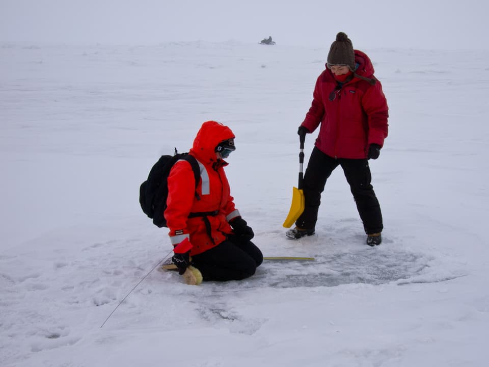 Zwei Menschen auf dem Eis, einer kniet vor einem markierten Fleck, der andere hält eine Schaufel in der Hand.