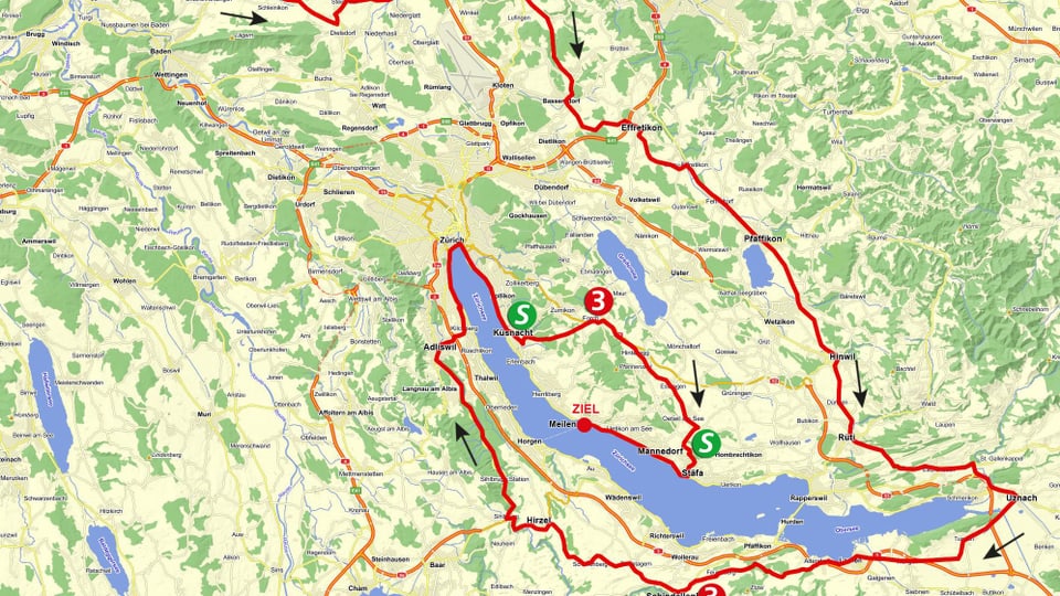 Karte mit Route der 6. Etappe der Tour de Suisse