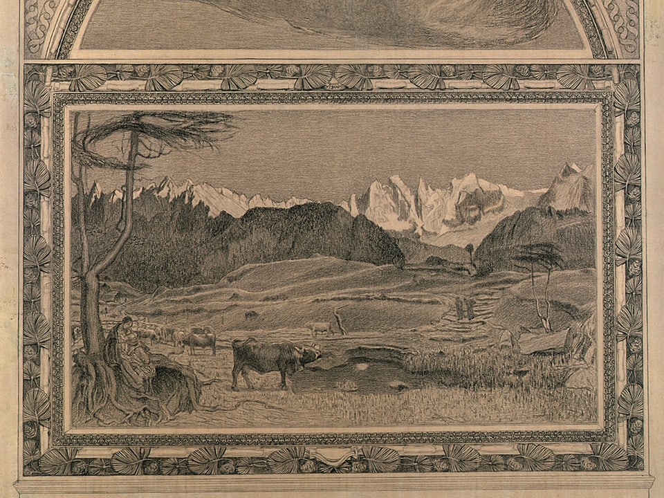 Kohlezeichnung mit einer Berglandschaft von Giovanni Segantini.