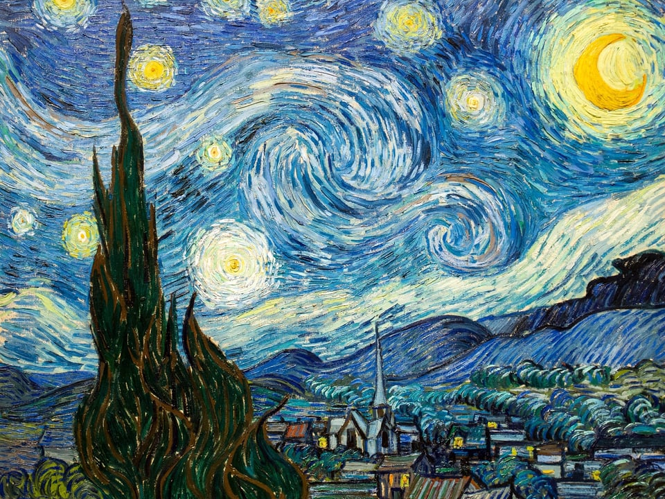 Sternennacht von Vincent van Gogh: Gemälde einer Stadt, in Blau und Gelb gehalten.
