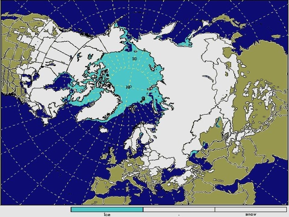 Symbolische Schneebedeckung: Der Globus als Kartenprojektionion vom Nordpol aus: Osteuropa, Asien und Nordamerika sind teils als weisse Fläche dargestellt. 