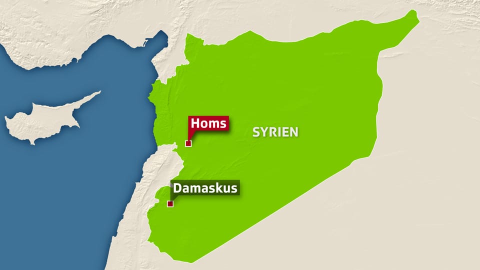 Syrien-Karte mit Damaskus im Südwesten und Homs im Westen. 