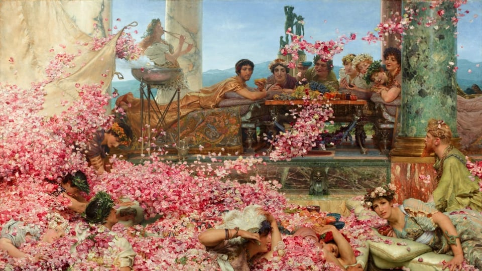 Ein Ölgemälde zeigt zwei Dutzend Personen in langen Roben und mit Haarschmuck; sie liegen in einem Meer aus Rosenblüten.