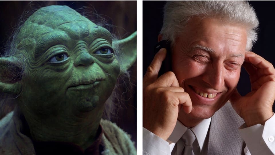 Collage: Yoda und netter älterer Typ am Telefon
