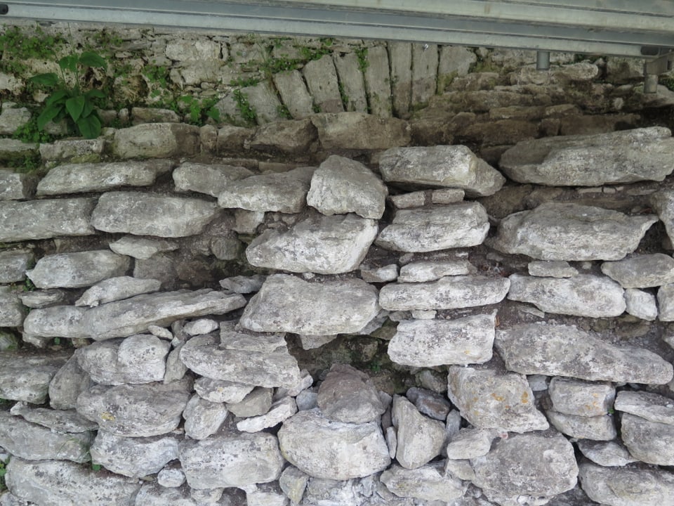 Im oberen Teil der Mauer ist zwischen den einzelnen Steinen kaum noch Mörtel vorhanden. Rausfallende Brocken können für Spaziergänger zum Risiko werden. Hier werden die Steine fast einzeln von Haus entfernt und mit neuem Mörtel neu gesetzt.