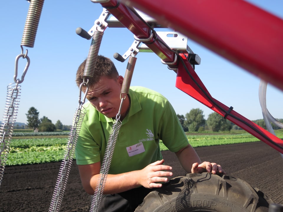 Junger Gemüsegärtner mit Traktor.