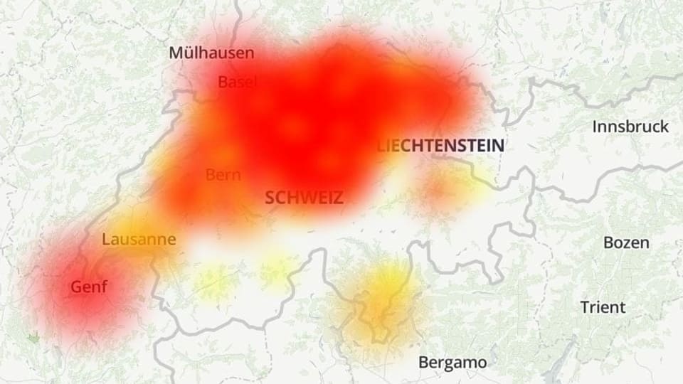 Schweizerkarte mit rotem Bereich mit Störungsmeldungen