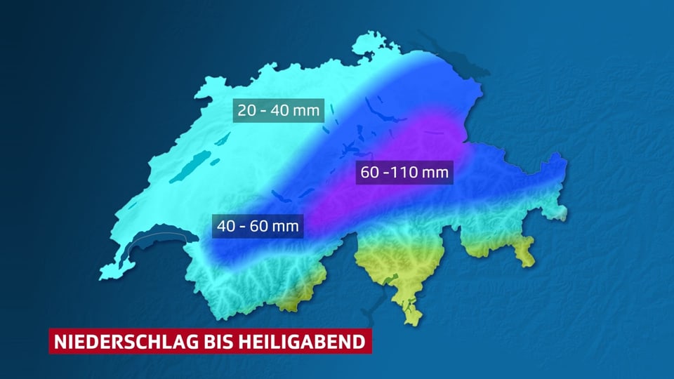 Schweizer Karte mit flächiger Darstellung der erwarteten Niederschlagssummen
