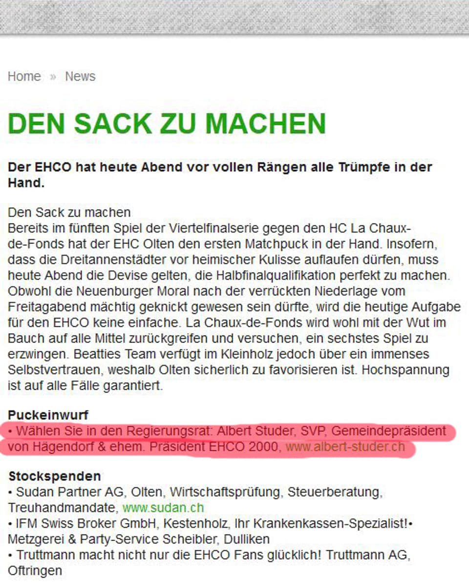 An diversen Orten auf der Internetseite des EHCO finden sich Wahlempfehlungen für die kommenden Solothurner Wahlen.