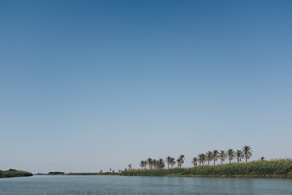 Der Fluss Shatt al-Arab mit Palmen am Ufer.