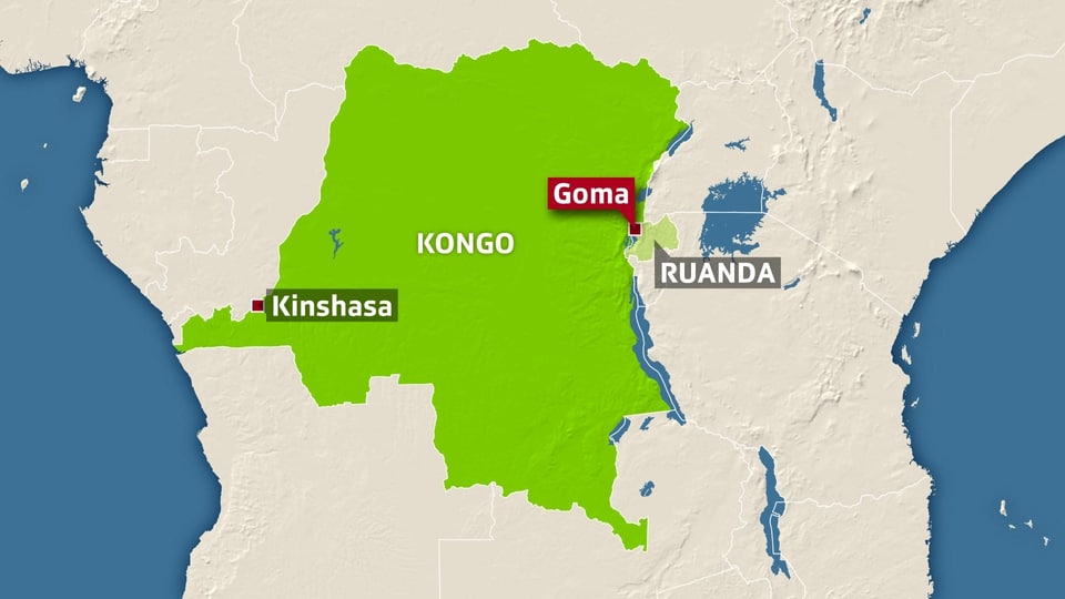 Karte des Kongo mit den eingezeichneten Städten Goma und Kinshasa.