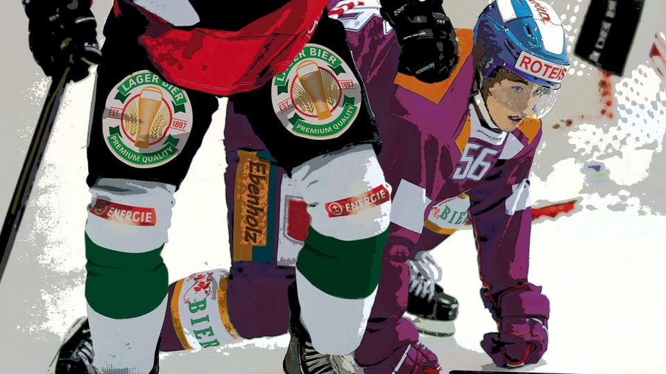 Grafische Darstellung von Eishockeyspielern mit Alkoholwerbung auf dem Dress.