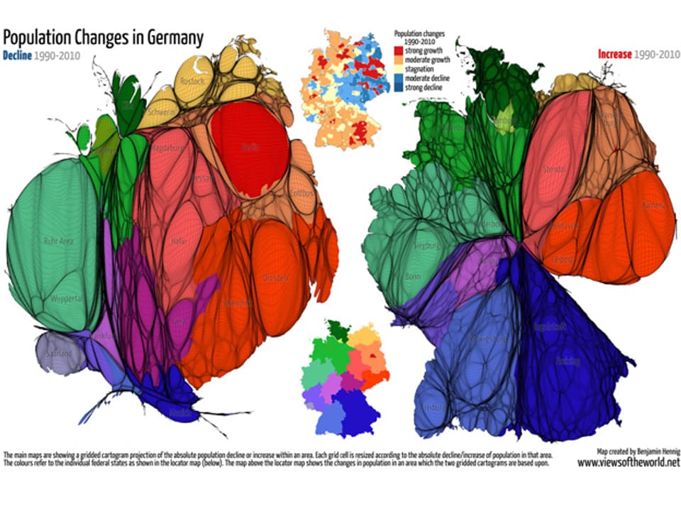 Drei Karten zeigen die Veränderungen der Bevölkerungsdichte in Deutschland von 1990 bis 2010.
