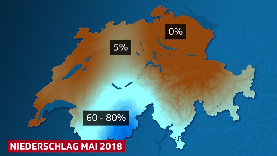 Schweizkarte mit braunen Flächen,- bisher kein Niederschlag und einer Abstufung von türkis bis dunkelblau, 5 bis 60 Prozent des normalen Mainiederschlags - Wallis bis Berner Oberland.