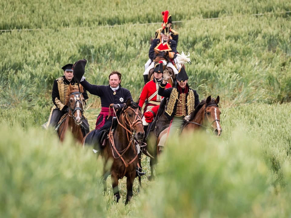 Napoleon mit Begleitern reitet über Kornfeld. 