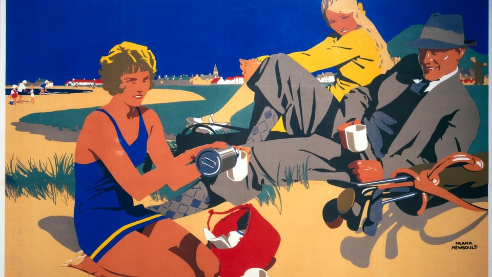 Bunte Zeichnung aus den 1920er-Jahren von zwei Frauen und einem Mann, die am Strand Kaffee trinken.