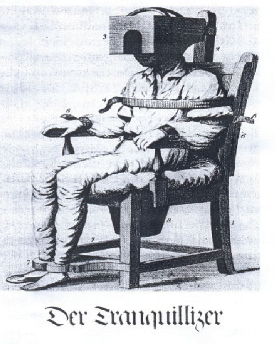 Um 1824 wurden in psychiatrischen Anstalten auch Zwangsstühle benutzt, um Patienten ruhig zu stellen.