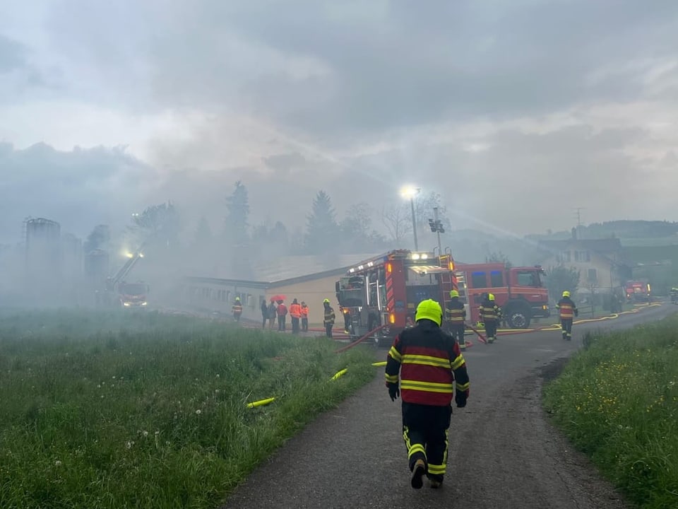 Feuerwehrleute im Einsatz bei viel hellgrauem Rauch