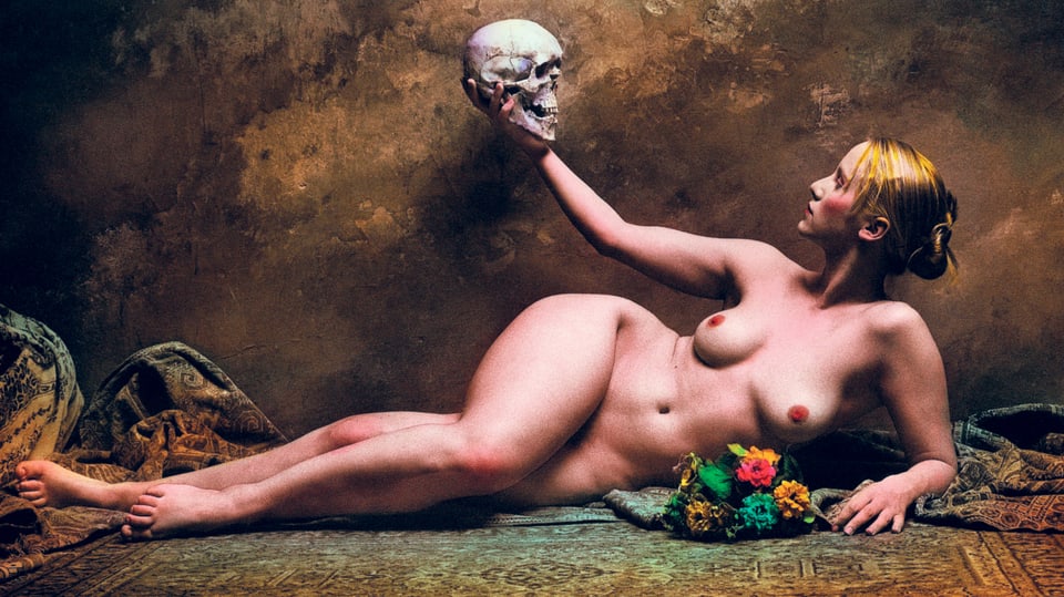 Eine Frau liegt am Boden und hält einen Totenkopf in der Hand.