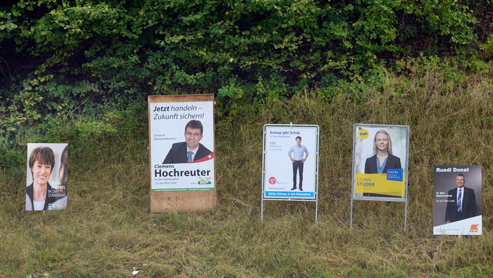 Wahlplakate verschiedener Parteien an einem Waldrand im Aargau