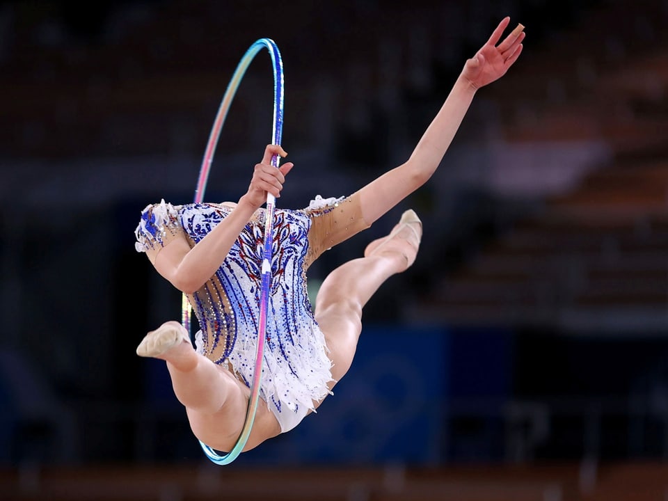 Gymnastics - Rhythmic - Individual All-Around - Qualification - Rotation 1 & 2 - Ariake Gymnastics Centre, Tokyo, Japan - August 6, 2021. Chisaki Oiwa of Japan in action with hoop.