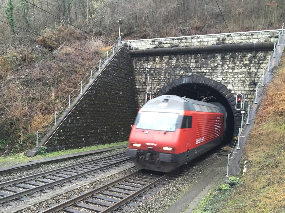 Tunneleingang mit einer rausfahrenden SBB-Lokomotive