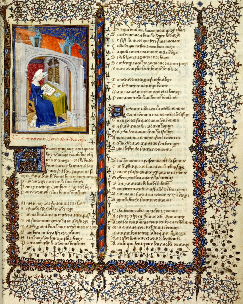 Mittelalterliches Manuskript mit einer Illustration einer lesenden Figur und verzierten Textseiten.