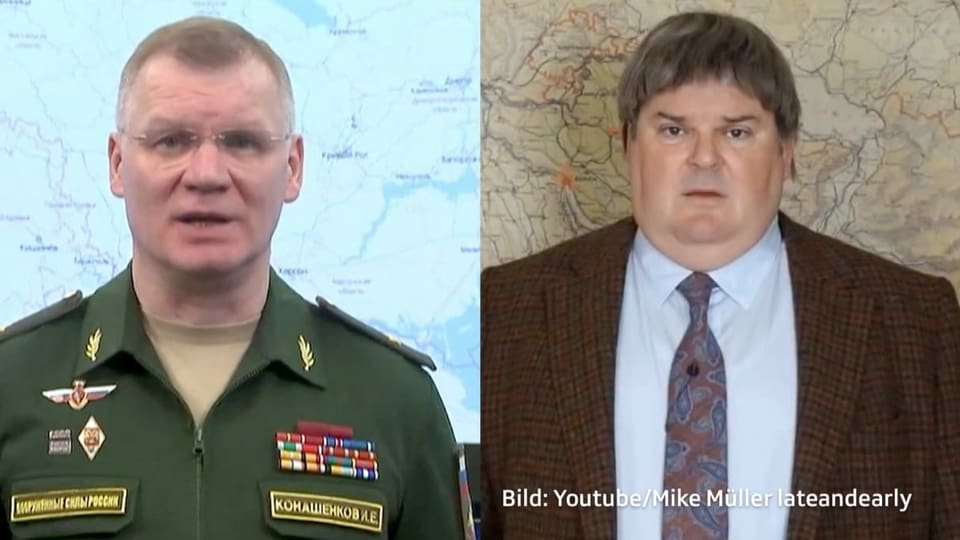 Bildmontage: Ein russischer Offizier und die Kunstfigur Hanspeter Burri. Beide vor Landkarten.