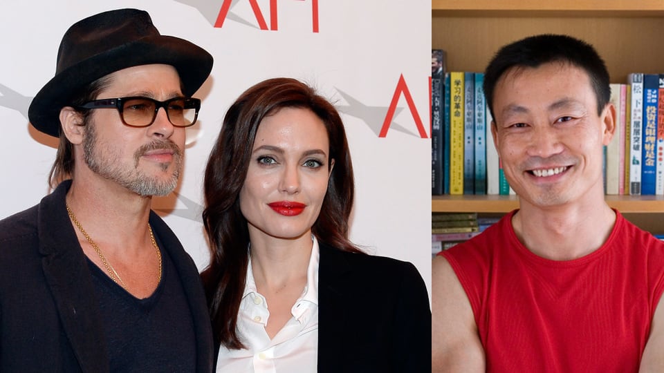 Brad Pitt und Angelina Jolie posieren auf dem roten Teppich für Fotografen. Donghua Li posiert zu Hause vor einem Bücherregal.